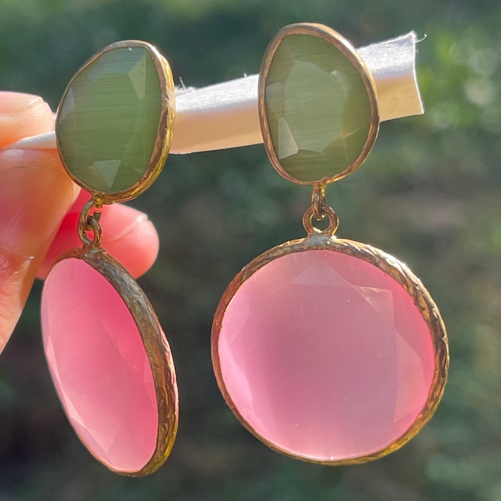 Pink and green stone Gold Drop dangle Earrings artisan vintage - Picture 11 of 11